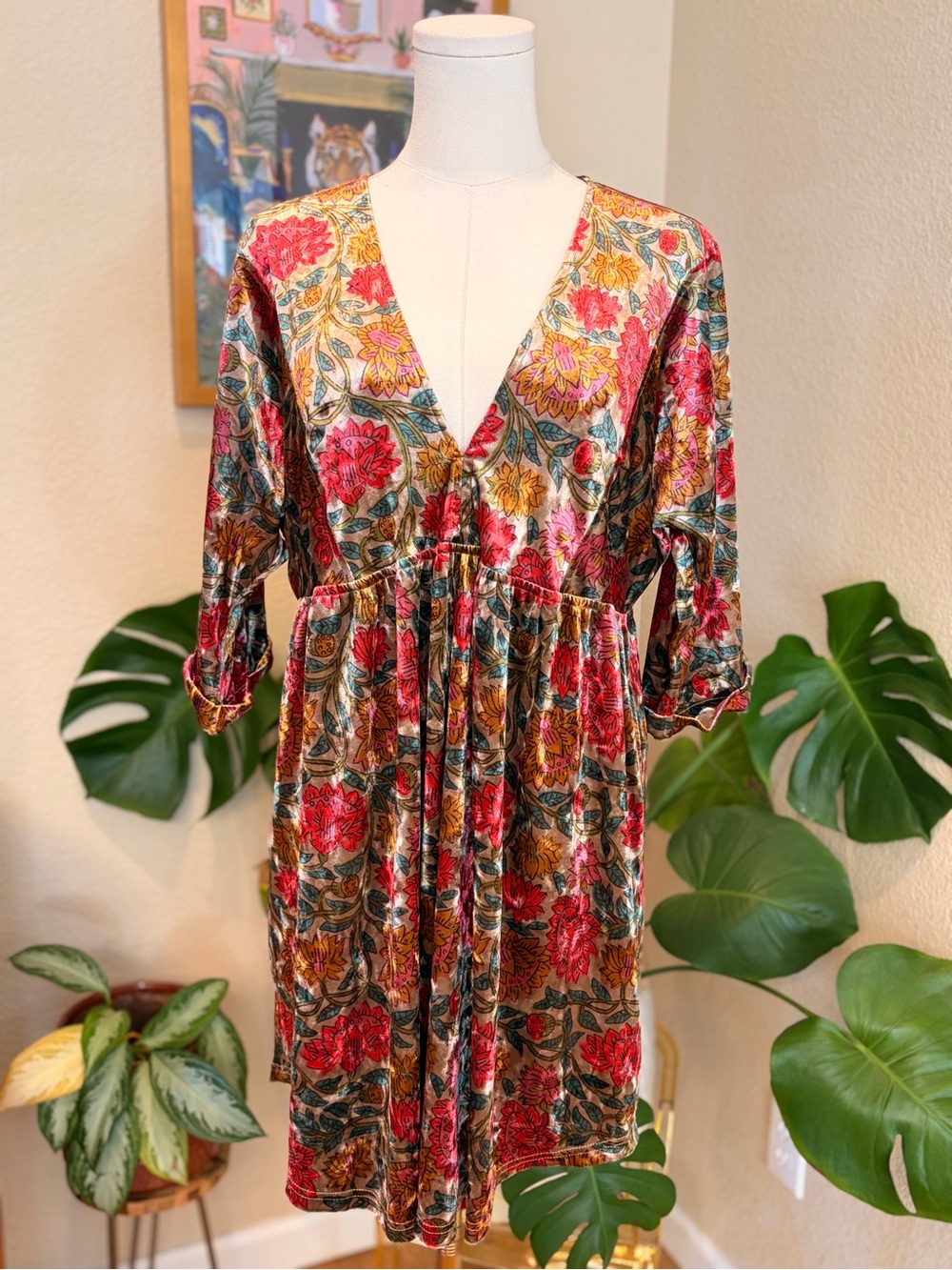 Natural Life “Carly” Boho Floral Velvet Mini Dress - Size Small